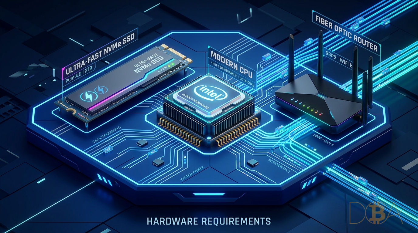 Cấu hình phần cứng tối thiểu gồm SSD tốc độ cao, CPU ổn định và kết nối mạng để chạy node Bitcoin.