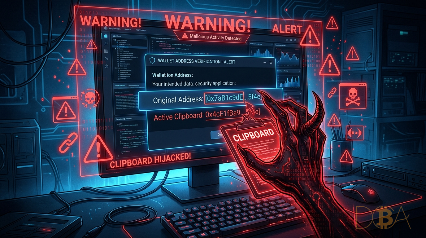 Mô phỏng phương thức hoạt động của clipboard malware tự động sửa địa chỉ ví Bitcoin khi copy-paste.