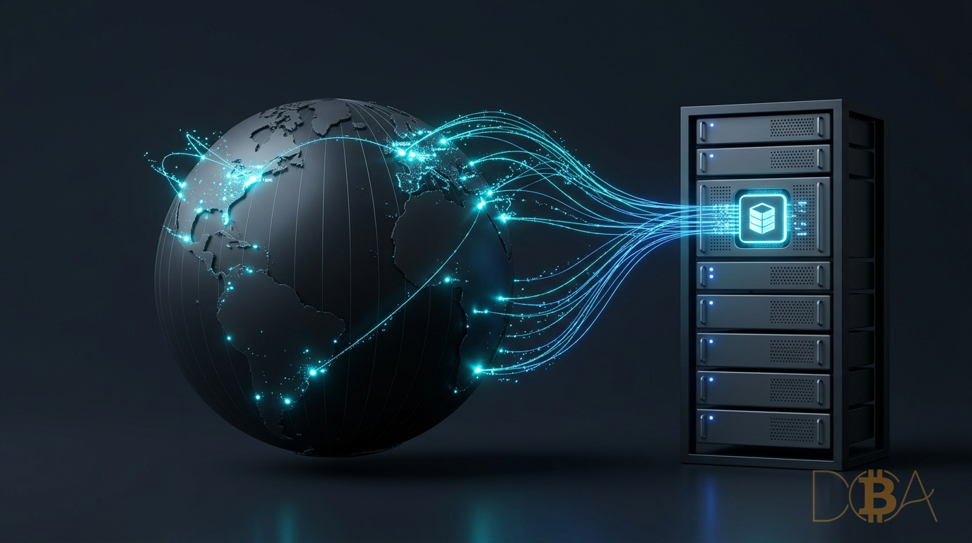 Quả địa cầu số hóa truyền luồng dữ liệu xung điện trực tiếp vào tủ server
