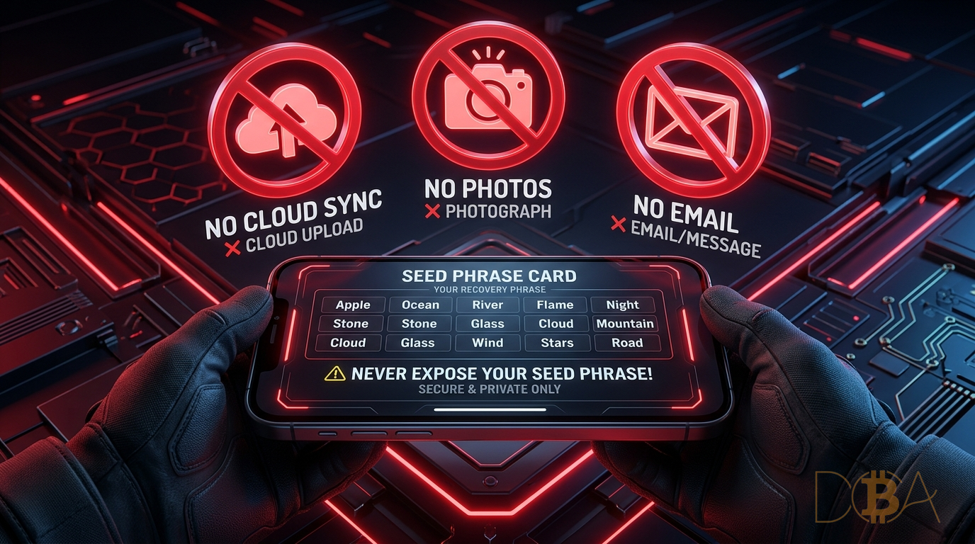 Cảnh báo không lưu trữ seed phrase dạng kỹ thuật số như chụp ảnh, tải lên cloud hoặc gửi qua email.