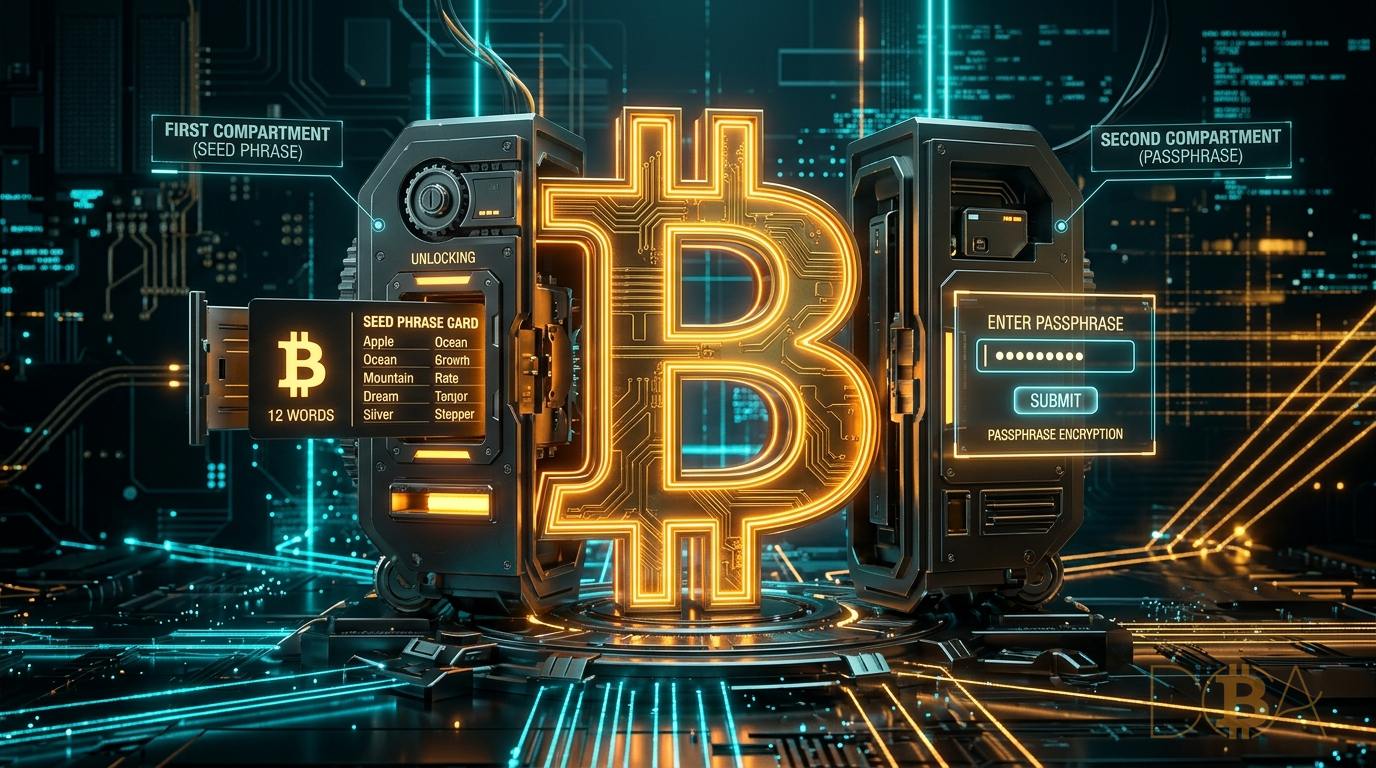 Đồng Bitcoin được bảo vệ kép bởi 12/24 từ bảo mật và một lớp mật khẩu passphrase BIP39 ẩn.