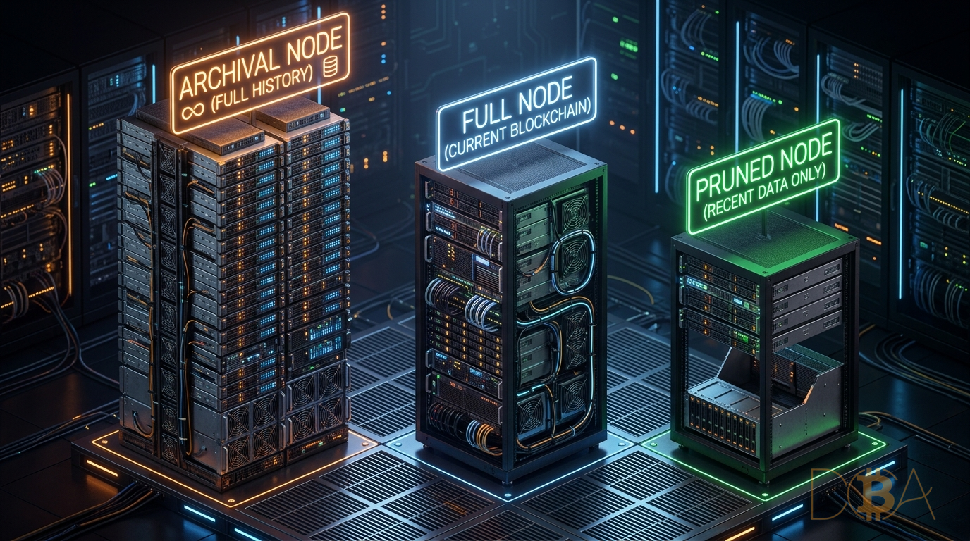 So sánh sự khác biệt về dung lượng lưu trữ giữa Archival Node, Full Node và Pruned Node.