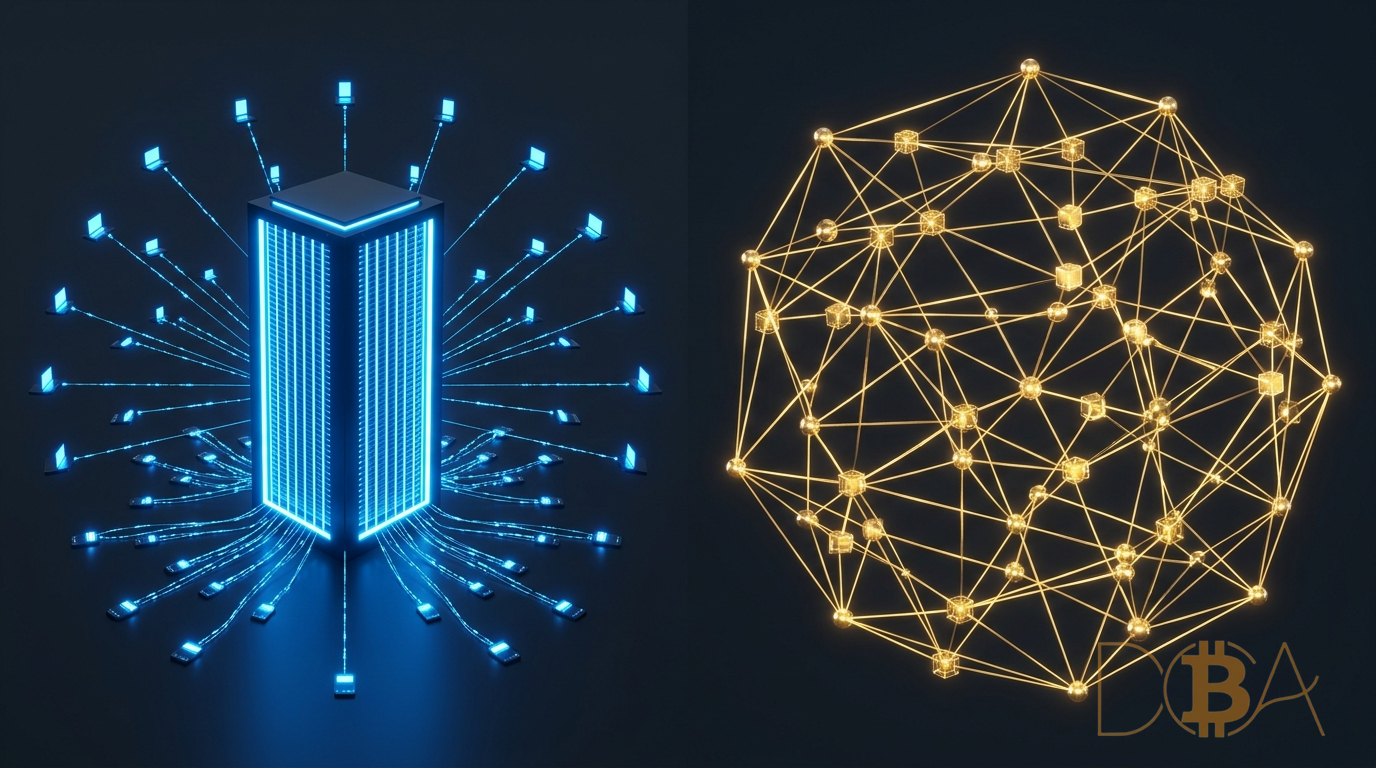 Mô hình so sánh sổ cái tập trung của ngân hàng truyền thống và sổ cái phi tập trung của Bitcoin